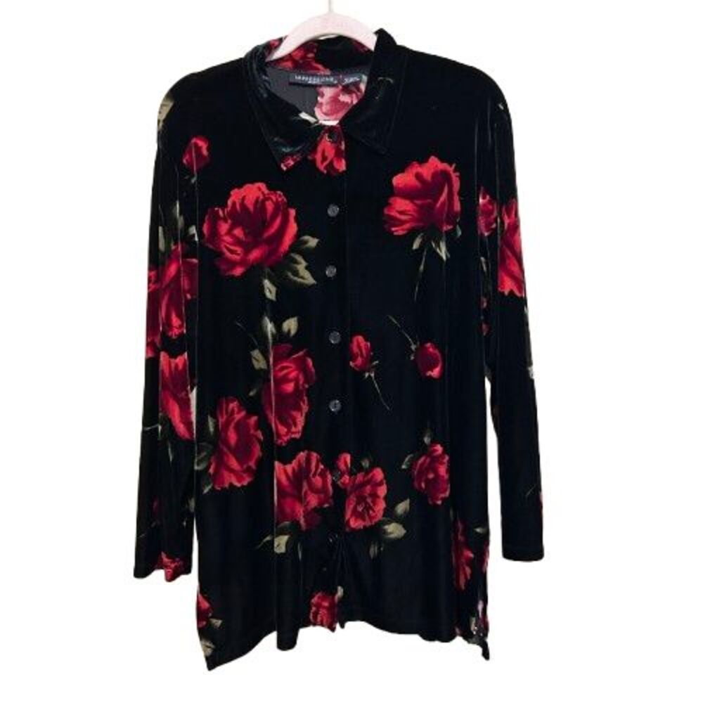 Impressions Button Front Tunic Top Womens 1X Black Velvet Rose Floral Whimsygoth